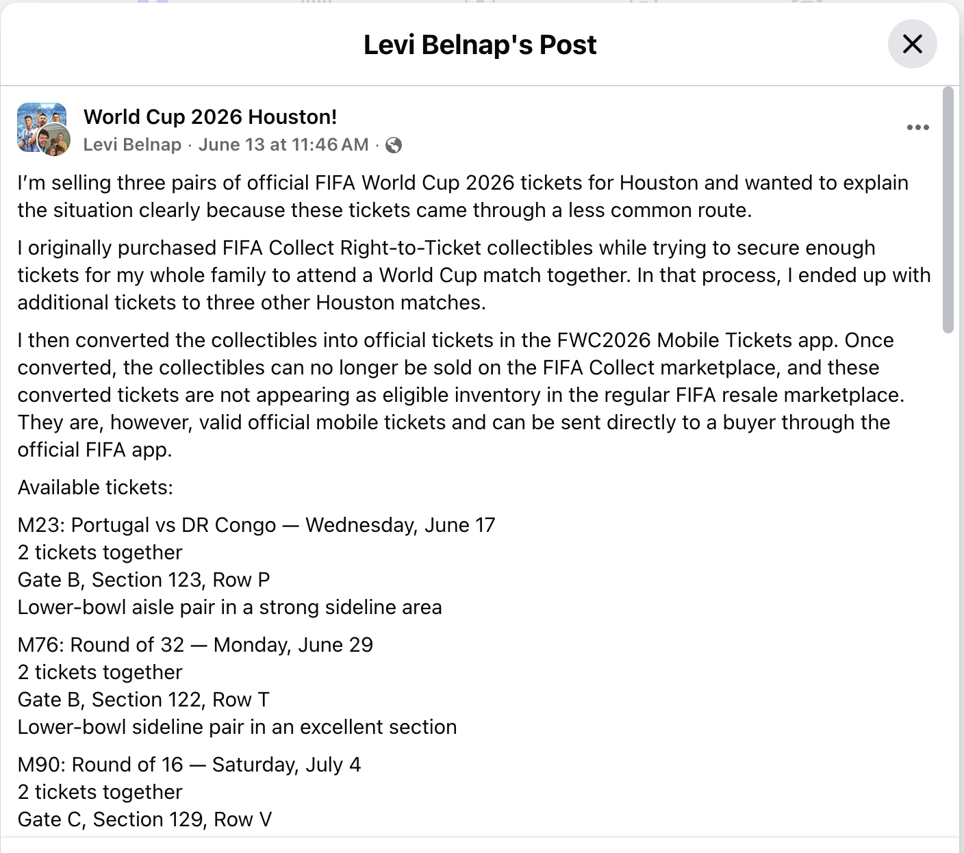 Early Facebook explainer post about the tickets and the FIFA Collect path.