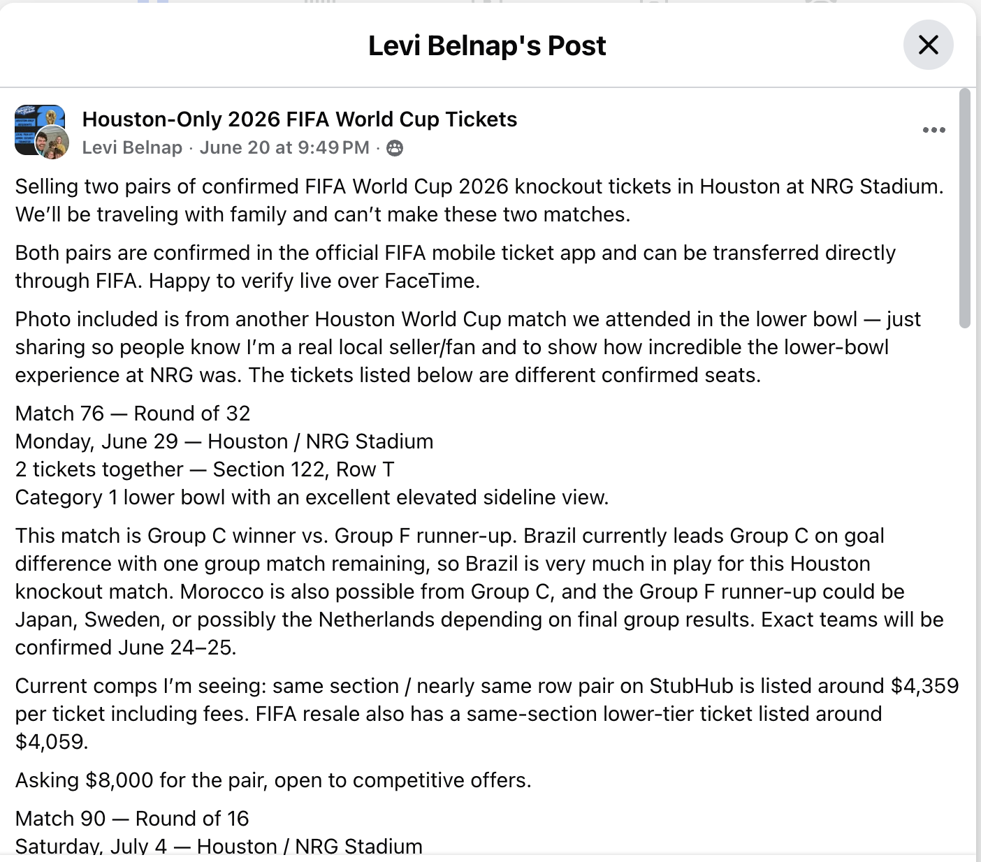 Later Facebook post using market comps, live verification, and trust signals.