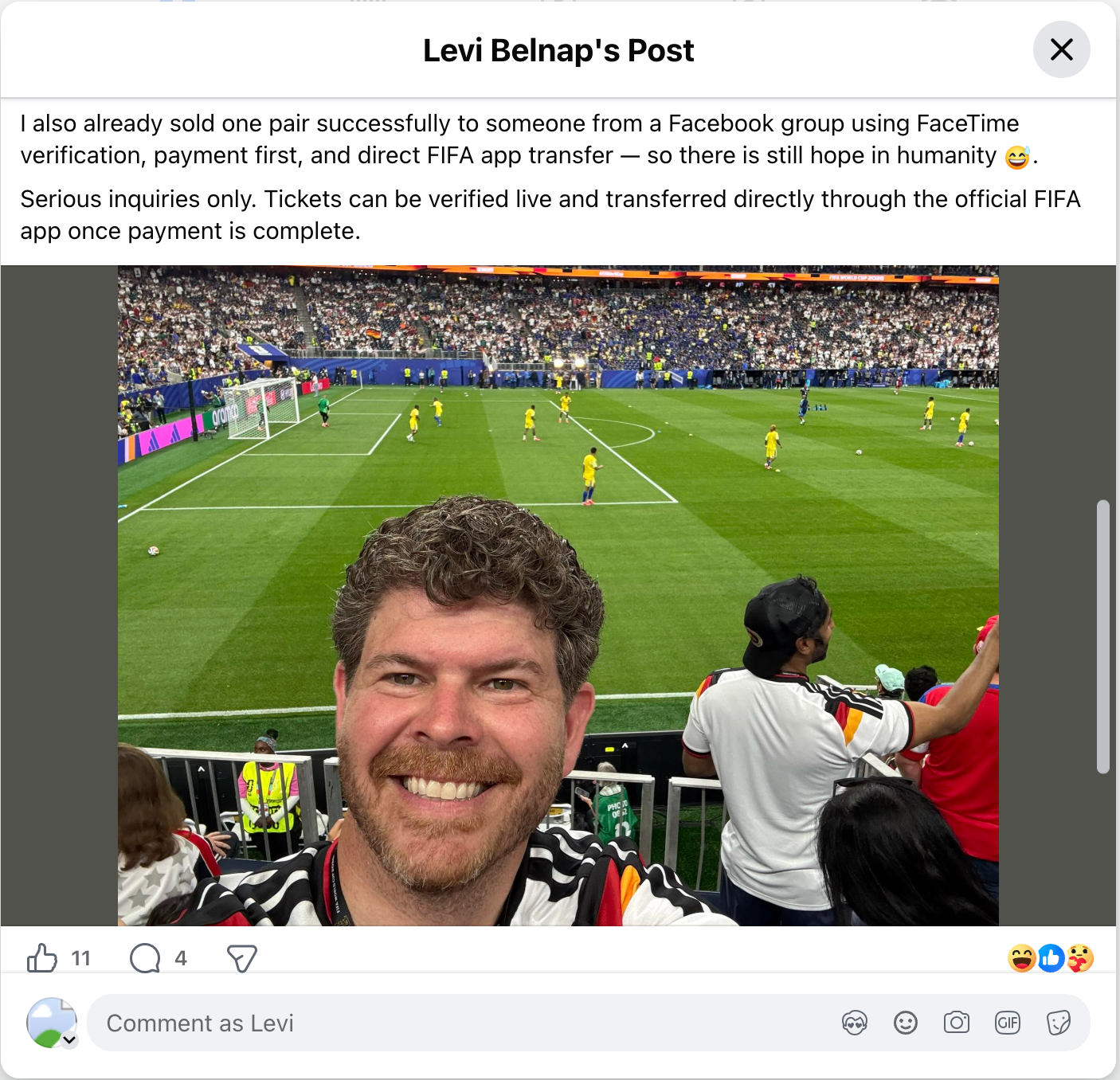 Facebook post showing the Houston World Cup photo used as proof of being a real local fan and seller.