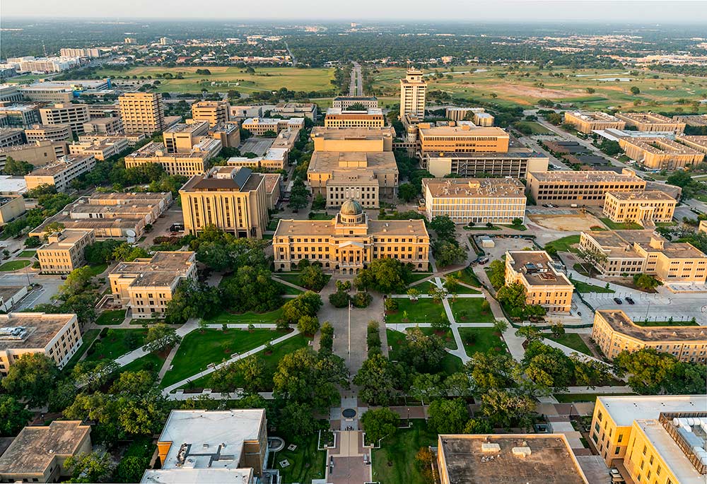 Modern aerial sunset view of Texas A&M campus